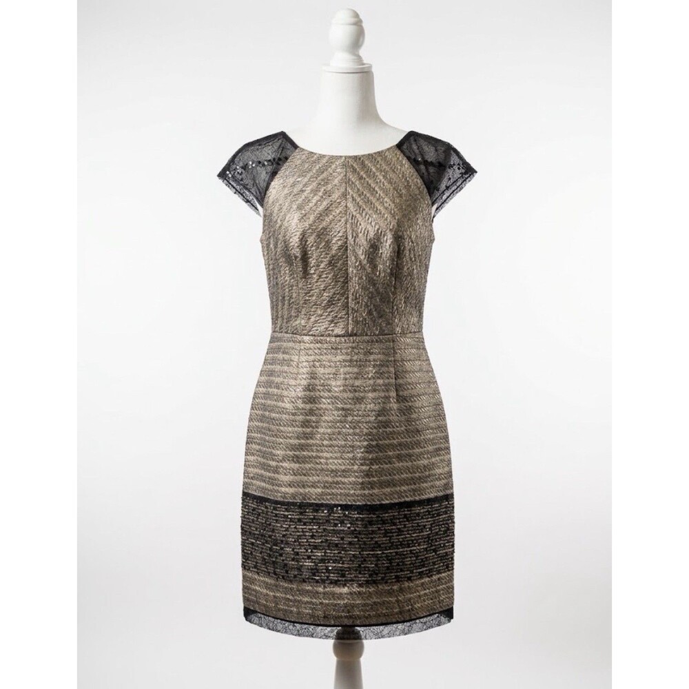 Phoebe Couture Metallic Gold Black Jacquard Cocktail Dress Lace Cap Sleeve Sz 4